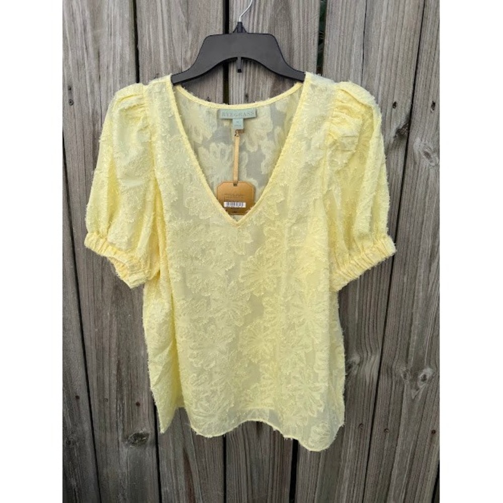 Cottagecore Romantic Ryegrass Eyelash Floral Blouse M Yellow Puff Sleeve V-Neck